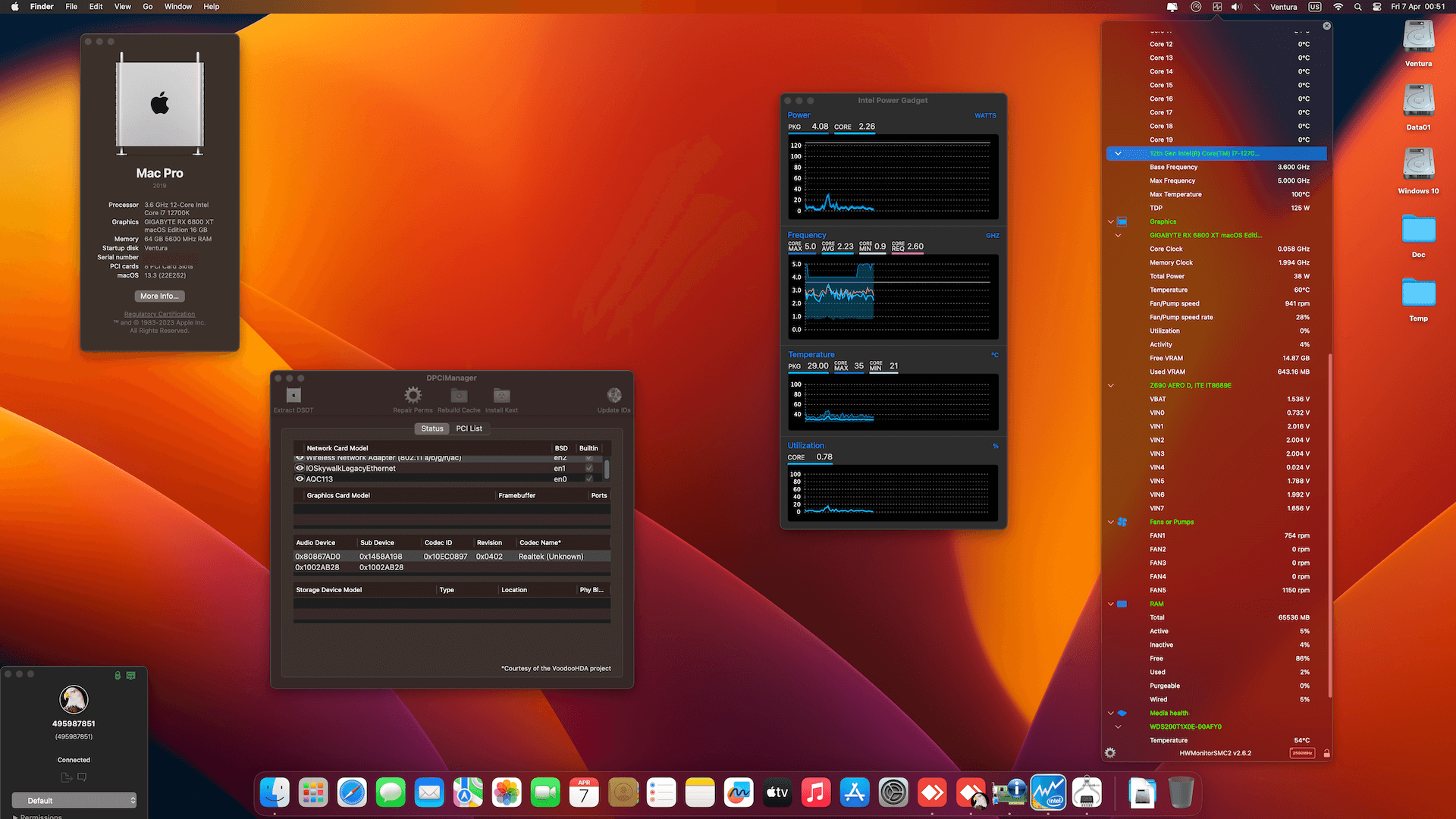 Success Hackintosh macOS Ventura 13.3 Build 22E252 in Gigabyte Z690 Aero D + Intel Core i7 12700K + Gigabyte RX 6800 XT